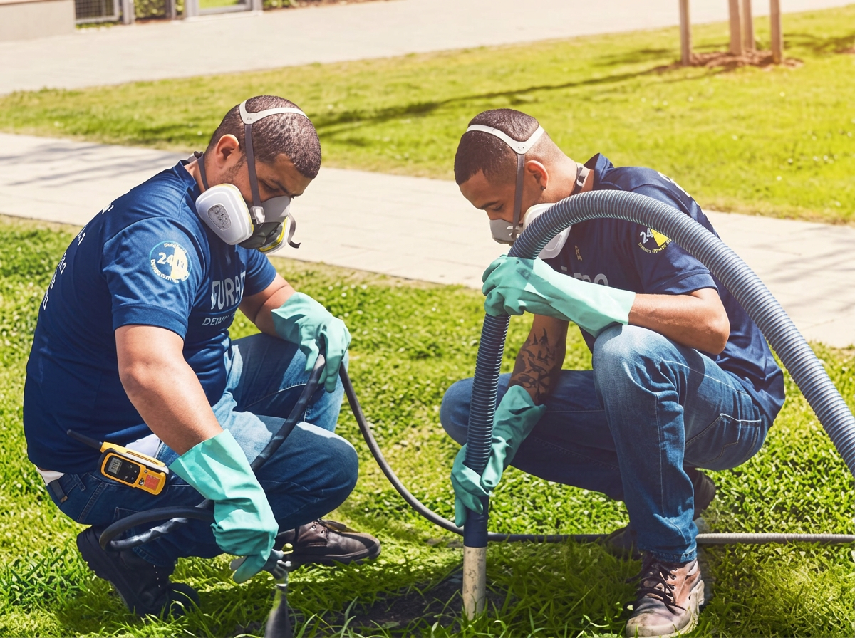 Equipe da Desentupidora Turbo realizando desentupimento de rede de esgoto